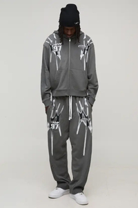 Chándal gris con capucha para hombre, cremallera frontal completa, estampado con efecto goteo, corte holgado, estilo urbano con bolsillos laterales, para otoño - Product Image 6