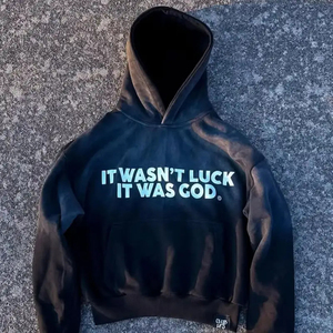 Sweat à capuche pour homme 'It Wasn't Luck It Was God', 100% Coton French Terry, Coupe classique, Hiver, Décontracté, Avec poches, Décor perlé au dos, Vacances - Product Image 1