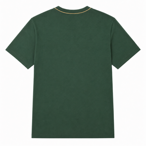 Camiseta Verde Bosque al por Mayor con Cuello Redondo, Ribete Dorado en Contraste y Detalle Geométrico Minimalista, Ropa Casual Personalizada para Hombre - Product Image 2