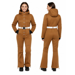Custom <b>Women's</b> Hooded <b>One</b> <b>Piece</b> <b>Ski</b> <b>Suit</b> Waterproof Snow Jumpsuit Belted Flared <b>Ski</b> Wear with Snap Buttons - Product Image 3