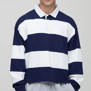 Polo tricoté à manches longues rayé pour homme, style preppy, color block, coupe ample, blanc et bleu marine, chemises de rugby pour hommes, vente en gros - Product Image 1