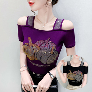 Camiseta de manga corta con lentejuelas y pedrería para mujer, top sexy para discoteca, negro, azul, de verano, tejido transpirable, cuello redondo - Product Image 2
