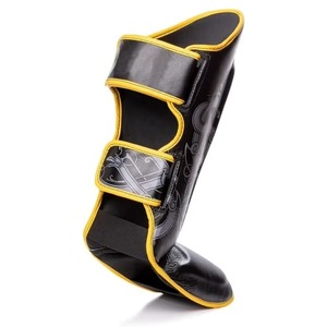 Adult Black PU Leather Shin Guards With Gold Trim Sublimation Design Hook And Loop Closure Lightweight Sports Protection - Product Image 5