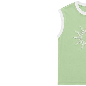 Camiseta sin mangas verde claro con diseño de sol bordado en blanco, chaleco informal de algodón para mujer, cuello redondo, tops de moda personalizados para verano - Product Image 3
