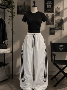 <b>Men's</b> Black Side Striped Sweatpants Elastic Waist Drawstring Baggy <b>Cuffed</b> Joggers Breathable Lightweight - Product Image 2