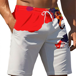 <b>Men's</b> Red White Printed Board Shorts Quick Dry Drawstring Casual Swim <b>Trunks</b> With Pockets Mid Waist - Product Image 1