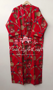 Bata Kimono de Algodón Roja con Estampado Digital de Piña y Pájaros, Manga Larga, Túnica de Verano, Kaftán Indio, Ropa de Estar para Damas de Honor - Product Image 5