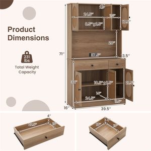 Dispensa in Teak Stile Boho Naturale a 6 Ante con Porte in Rattan PE Moderno e Stazione di Ricarica Integrata, 2 Prese AC e 2 Porte USB - Product Image 4