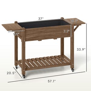 Fioriera Rialzata in Legno Carbonizzato con Chiusura, Tavolini Laterali e Ripiano Inferiore, Fori di Drenaggio e Dimensioni in cm - Product Image 3