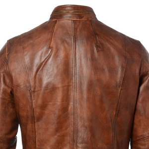 Veste en cuir marron vieilli style Café Racer avec quatre poches avant, fermetures éclair en laiton et doublure à carreaux - Micah Corporation - Product Image 5
