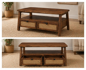 Table basse rectangulaire en bois de Sheesham de qualité supérieure avec centre en rotin, quatre tiroirs de rangement, table centrale moderne pour salon - Product Image 5