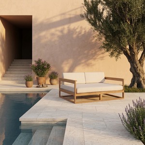 Canapé d'extérieur en teck pour hôtel et complexe hôtelier, résistant aux UV, avec coussin imperméable en rotin PE, design minimaliste, causeuse de patio pour projets hôteliers - Product Image 3