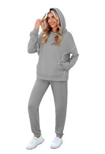 Ensemble de survêtement gris à capuche pour femme, couleur unie, pantalon de jogging en coton, manches longues, coupe décontractée, vêtements d'automne avec poches latérales - Product Image 2