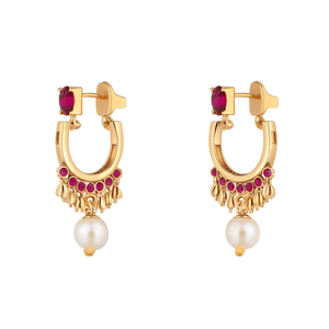Matte Gold Plated Hoop Drop Earrings with Ruby Stone and Pearl - Product Image 2