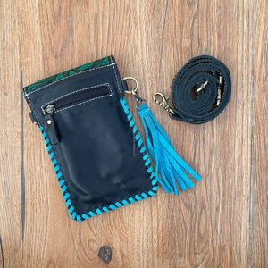 กระเป๋าหนังสะพายข้างประดับพู่สีเทอร์ควอยส์กระเป๋าถือลายดอกไม้หนังวัวสำหรับผู้หญิง - Product Image 4