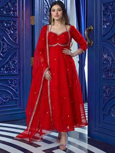 <b>Red</b> Floor-Length Kurta With <b>Sequin</b> Embroidery Traditional Indian Wedding Wear Women's Loose Fit Polyester Dress - Product Image 5