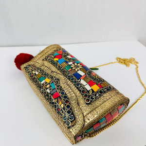 Modern Luxury Handmade Ladies Evening <b>Clutch</b> <b>Bag</b> Mother Pearl Metal Mosaic Sculpture Indian Multicolor Antique <b>Gold</b>-Plating - Product Image 6
