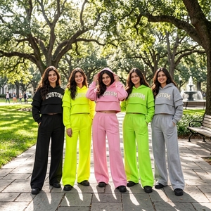 Ensemble de survêtement élégant pour femme, couleur vert lime fluo, comprenant un sweat à capuche court et un pantalon large, avec manches superposées personnalisées, en polaire, pour le loungewear, Fabricant - Product Image 4