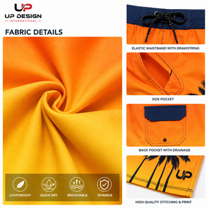Shorts de Playa para Hombre de Secado Rápido, 100% Algodón, con Estampado de Palmeras en Degradado Naranja y Amarillo, Personalizables con Logotipo OEM - Product Image 6