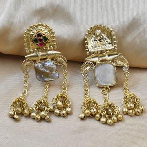partywear traditional latest beautiful meenakari golden matte finishing brass stone <b>stud</b> hoop earing for girls and women - Product Image 2