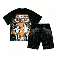 Ensemble d'été pour homme SJH avec imprimé ange personnalisé et strass, t-shirt à manches courtes et short en jean noir, streetwear, séchage rapide