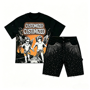 Ensemble d'été pour homme SJH avec imprimé ange personnalisé et strass, t-shirt à manches courtes et short en jean noir, streetwear, séchage rapide - Product Image 1