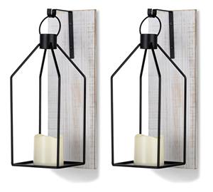 Ensemble de appliques murales lanterne en métal noir rustique avec panneau arrière en bois, style ferme, construction robuste, décoration intérieure chaleureuse - Product Image 1