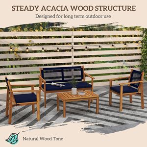 Set 4 mobili da giardino in legno di Acacia blu con cuscini e tavolino a doghe per cortile - Product Image 4