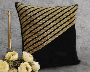 Luxury Black <b>Gold</b> Beaded <b>Throw</b> Pillow Cover Geometric Stripe Embellished Cushion Velvet Home Accent - Product Image 3