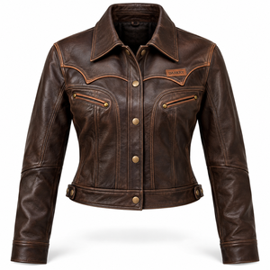 Custom Womens Brown Vintage Western Genuine Leather Jacket Distressed Biker Outerwear Slim Fit OEM Snap <b>Button</b> <b>Coat</b> Retro - Product Image 1
