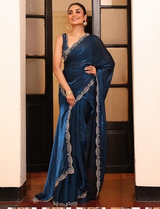 Sari en tissu de soie viscose KV traditionnel, orné de perles et de pierres, couleur vert sarcelle, avec blouse non cousue réversible et infroissable pour soirée - Product Image 5