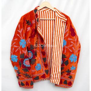 Hand Embroidered <b>Velvet</b> <b>Jacket</b> <b>Women</b> Floral Stripe Pattern O-Neck Full Sleeve Bohemian Style Spring Wear Gift Her - Product Image 3