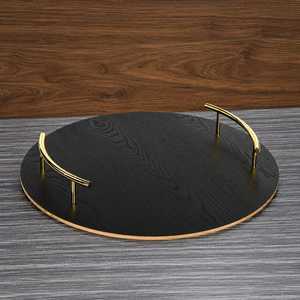Plateau de service rond en bois de luxe avec poignées dorées, plateau décoratif pour table basse, plateau de décoration moderne pour la maison - Product Image 1