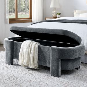 Large Storage Grey Chenille Upholstered <b>Bench</b> for Living Room <b>Entryway</b> and Bedroom 51.5 X 20.5 X 17 - Product Image 5