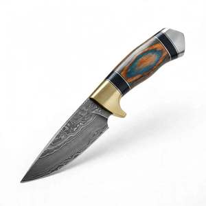 Cuchillo utilitario de acero de Damasco hecho a mano con mango de madera de Burl estabilizada y guardacuchillo de latón - Product Image 5