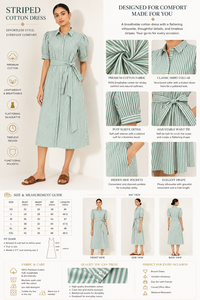 Elegante Vestido Midi de Algodón a Rayas con Botones Delanteros, Mangas Abullonadas, Cinturón, Estilo Bohemio, Corte Recto y Bajo Acampanado, Vestido Sencillo para Fiesta - Product Image 4