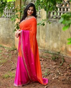 AARA Fashion - Sari Tradicional de Seda para Mujer, Color Naranja Rosado, Bordado, Largo hasta el Suelo, Estilo Indio-Pakistaní, Corte Regular, para Bodas - Product Image 6