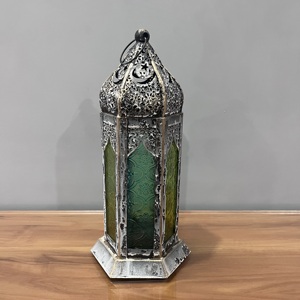 Vintage Iron Moroccan Style <b>Lantern</b> <b>Candle</b> Holder with Color Glass Panels for Easter Ramadan Christmas Home Decoration - Product Image 2