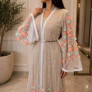Embellished Floral <b>Abaya</b> Sheer Bell Sleeves Beaded Sequins Pastel Applique Long Modest Evening Gown Islamic Eid Elegant <b>Wedding</b> - Product Image 2
