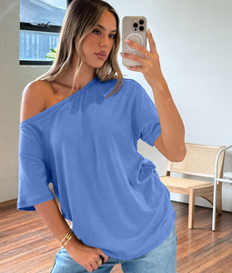 Camiseta de algodón para mujer, suave, transpirable, informal, de manga corta, para verano, lisa, con logo personalizado, ajuste cómodo. - Product Image 3