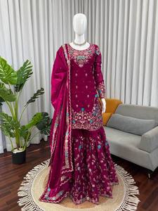 Indian Designer JMC Silk Anarkali Set with Heavy Embroidery Sharara Export Quality Women's <b>Clothing</b> - Product Image 1