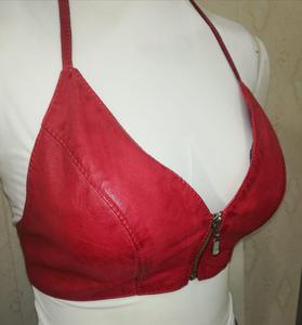 black faux leather or leather halter neck crop top with a front zipper closure bra - Product Image 3