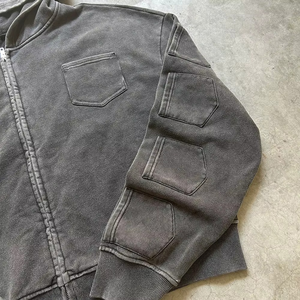 Sudadera con capucha de algodón 100% de alto gramaje estilo urbano con cremallera, logotipo personalizable, múltiples bolsillos y estilo desgastado para la temporada de otoño al por mayor - Product Image 3