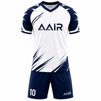 Ensemble de maillots de football personnalisés AAIR en polyester 100% avec sublimation, col en V, manches courtes, séchage rapide, 300g, uniforme de football blanc bleu marine