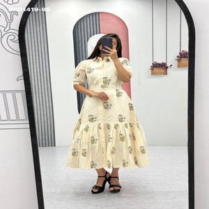 Elegant Look Pure Cotton with Thread-Embroidery Elephant-Motif Scattered <b>work</b> & Tie-<b>Belt</b> & Collar-Neck Frock Woman Fashion - Product Image 1