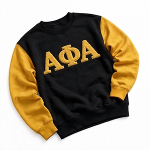 Custom Chenille Embroidery ΑΦΑ Sweatshirt <b>Black</b> Gold Colorblock Greek Fraternity Crewneck Unisex Heavyweight <b>Fleece</b> Pullover Top - Product Image 3