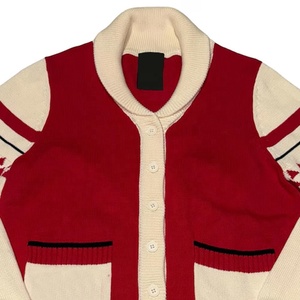 Cárdigan de punto para mujer, estilo preppy, color rojo y crema en contraste, manga larga, cuello vuelto, con bolsillos, para otoño. - Product Image 2