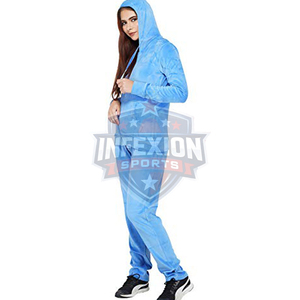 Ensemble de survêtement bleu à capuche pour femme, manches longues, fermeture éclair, couleur unie, tenue décontractée avec poches latérales, polyester mi-lourd - Product Image 5