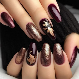24 pièces de faux ongles en ABS brillant, couleur ambre doré, forme amande, embossés, style français, pour femmes, avec colle - Product Image 1