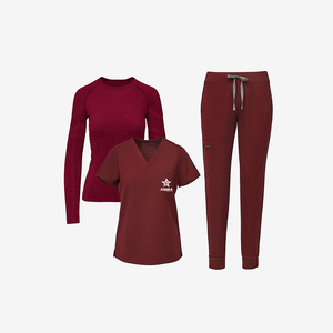 Medical <b>Scrub</b> Uniform 3 Piece <b>Set</b> V-Neck Top Jogger Pants Long Sleeve Layer Wholesale OEM Healthcare <b>Scrubs</b> <b>Set</b> with Undershirt - Product Image 1
